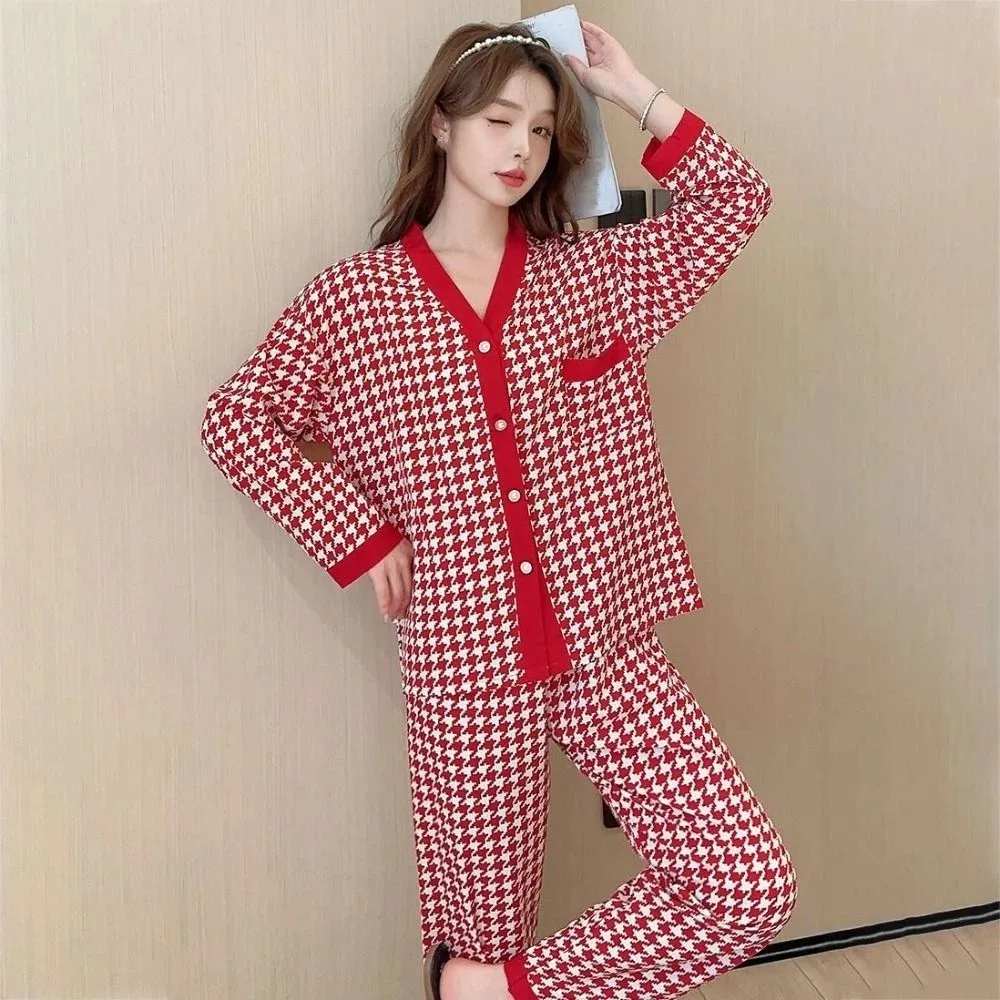 

Korean Style V-neck Grid Pajamas Women Loose Casual Two Piece Nightwears Spring Autumn Homewear Long Sleeves Pajamas Girl