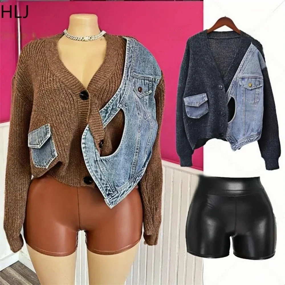 

HLJ&GG V Neck Long Sleeve Knit Sweater Cardigan Women Two Piece Sets Loose Button Top+Leather Shorts Outfits Fashion Streetwear