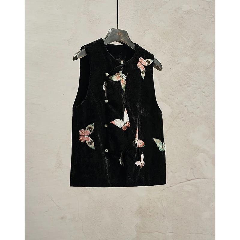 

Бархатный жилет с цветочной вышивкой, женские топы без рукавов в китайском винтажном стиле в стиле ретро, большие размеры