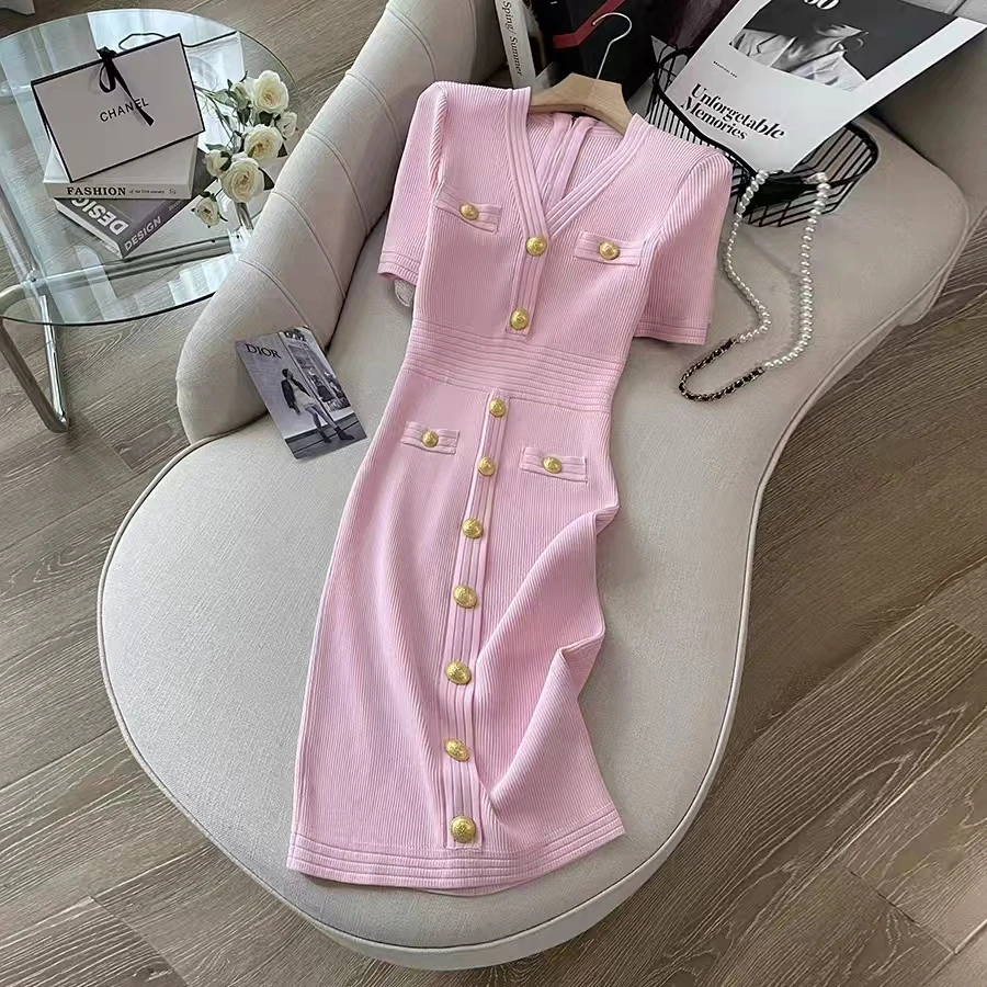 

High Quality Extended Summer New Style Fashionable Temperament Socialite Style Women's Knitted V-Neck Short Sleeved Dress