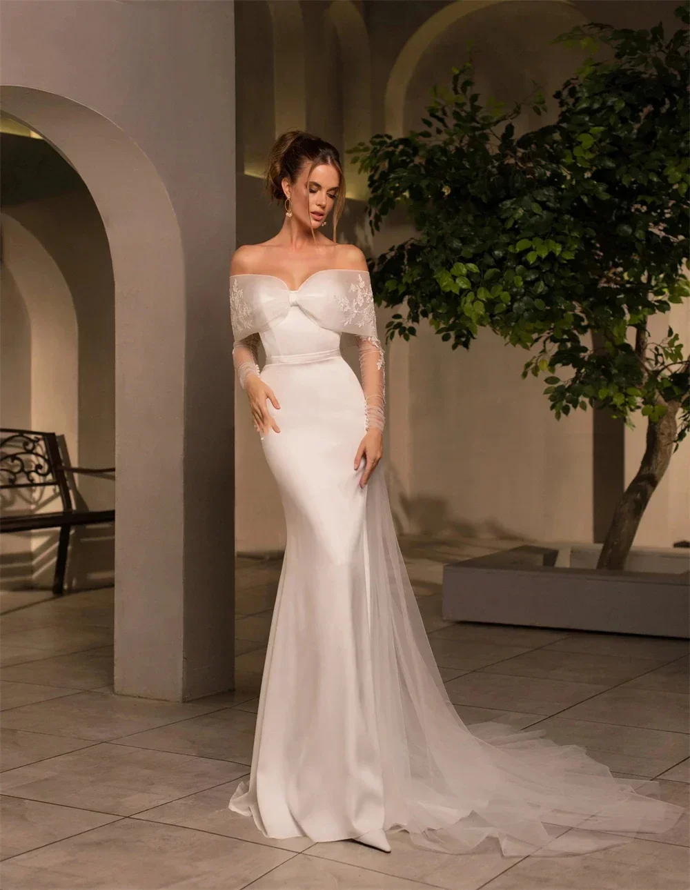 Splendido abito da sposa romantico con spalle scoperte in raso a sirena glamour con scollo a cuore e scollo a barchetta nuovo 2024