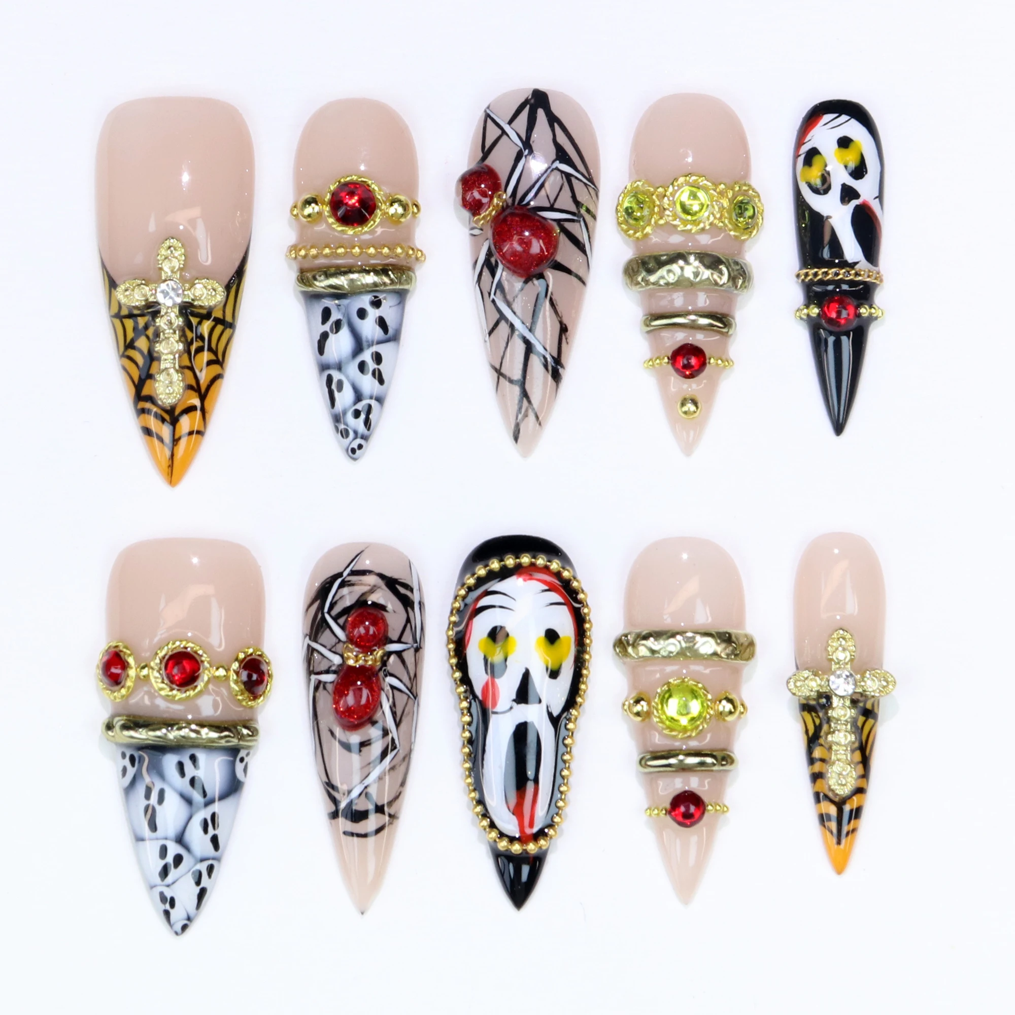 

10Pcs 3Dl handmade Manicure Press On Nails, Acrylic Fake Handpainted Custom Design All Saints' Day Ghost Adhesive Nail File Set