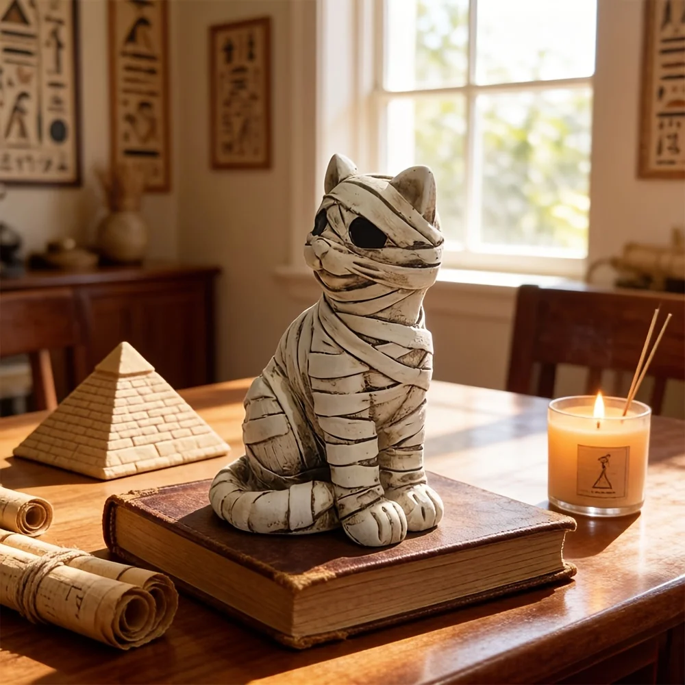 Vintage Ägyptische Mumienkatzenfigur, handgewickelte Bandage-Harzstatue, hohle dunkle Augen, Academia Gothic Halloween-Dekorationsgeschenk – Detail 1