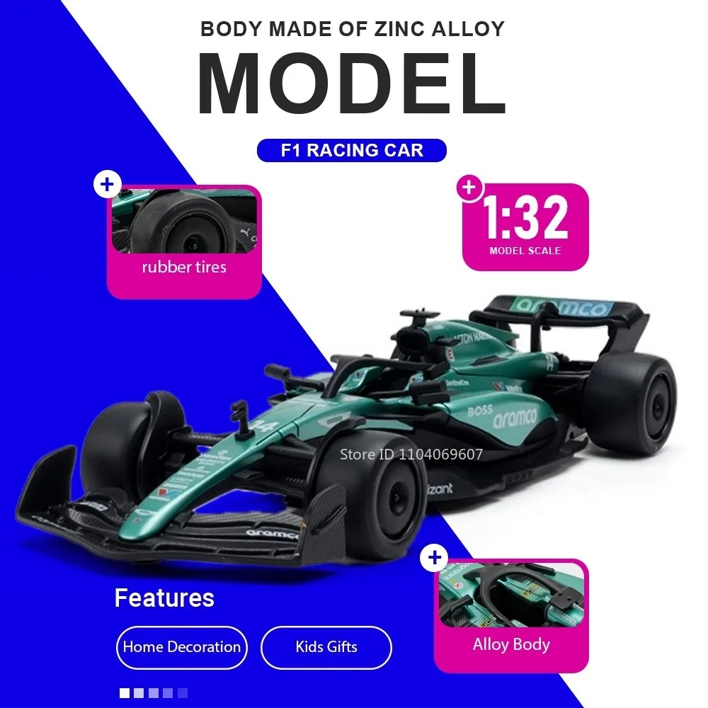 

Модель гоночного автомобиля F1 1:32, литая из сплава, с резиновыми шинами, в акриловой коробке, с имитацией заднего антикрыла, украшение для дома, подарок для детей и друзей