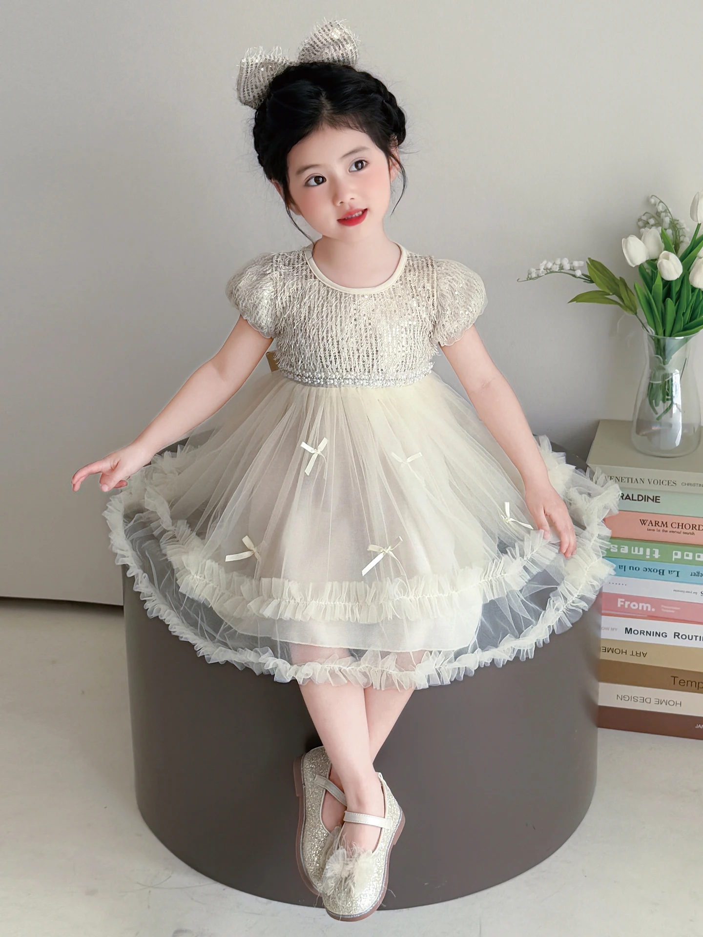 Vestido de Tule com Lantejoulas para Meninas, Moda de Verão, Vestido de Princesa com Saia Puff, Vestido de Aniversário com Ma...