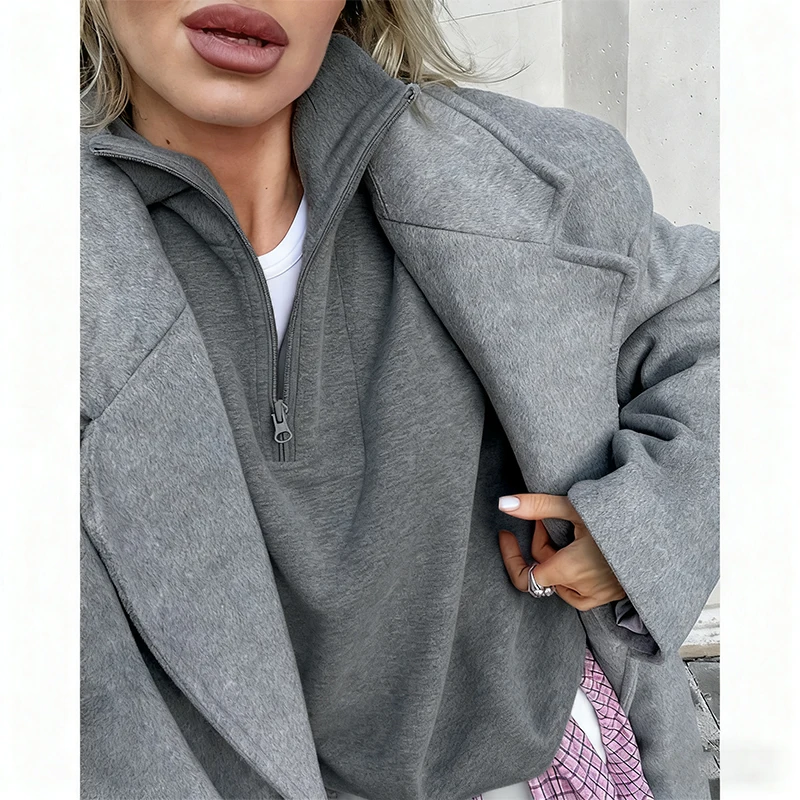 Rosa Winter-Lammfell-Hoodie für Damen mit Reißverschluss und Kragen, Fleece-Pullover für Frauen – Detail 11