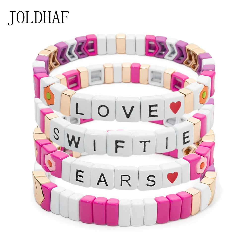 2024 New Fashion Letter Love Enamel Bracelets For Women Pink Charm Beaded Elastic Bangle Hand Accessory