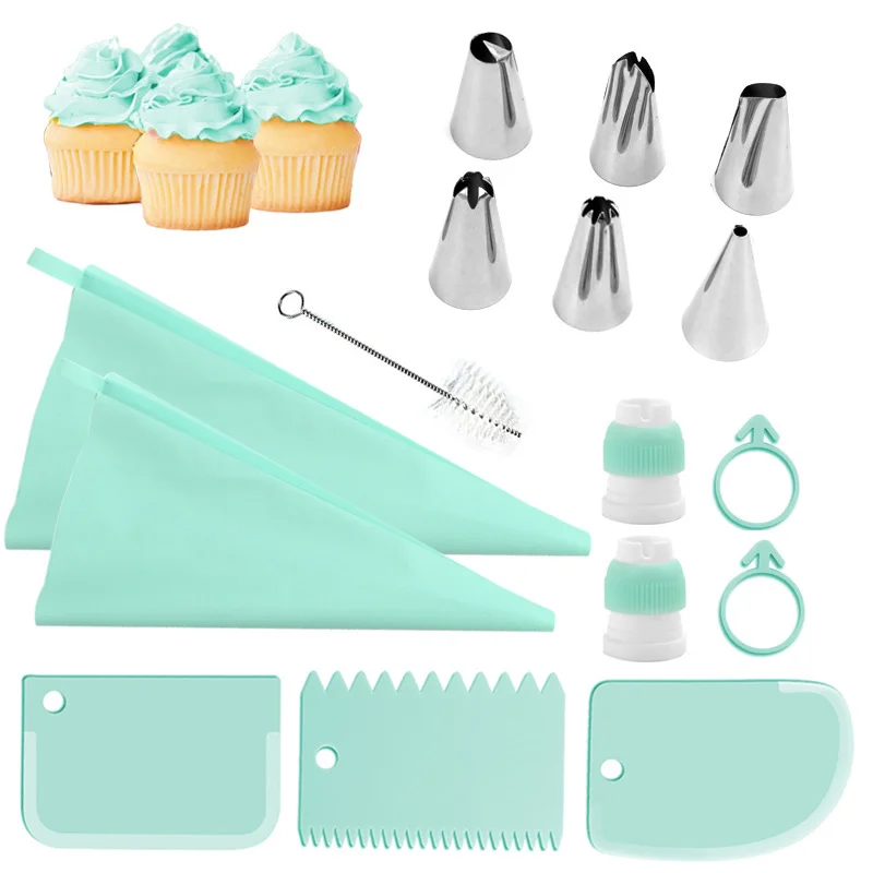 16PCS Stainless Steel Decorative Nozzle Set Plastic Scraper Flower Bag Cream Spatula Household Complete Baking Tools Cake Kit