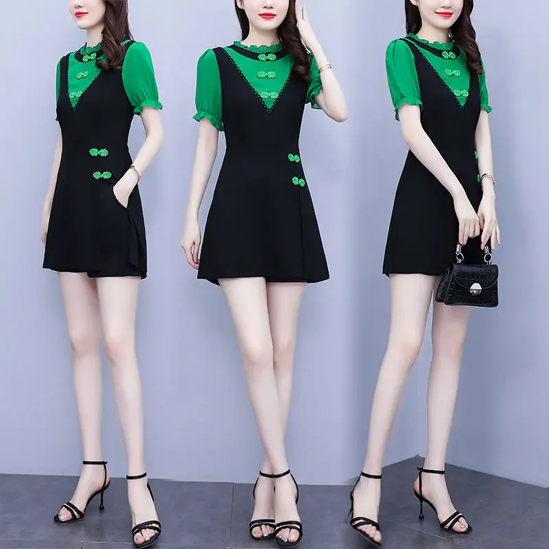 2024 Sommer neue Cheong sam Kleid Outfits Patchwork Split Kleid und Shorts zweiteiliges Set passt zu weiblichen chinesischen Retro Patchwork-Set