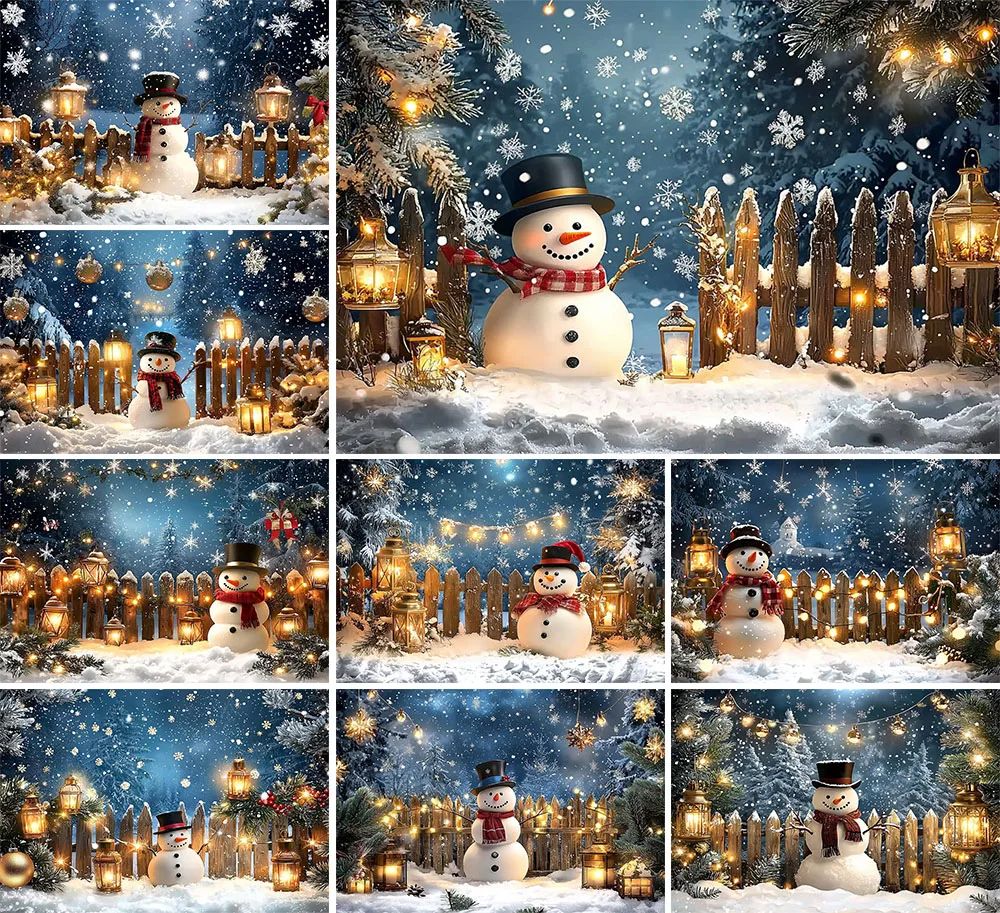 Mehofond Christmas Snowman Wooden Fence Backdrops for Photography Family 2024 Xmas Snowy Starry Night Decor Background Studio