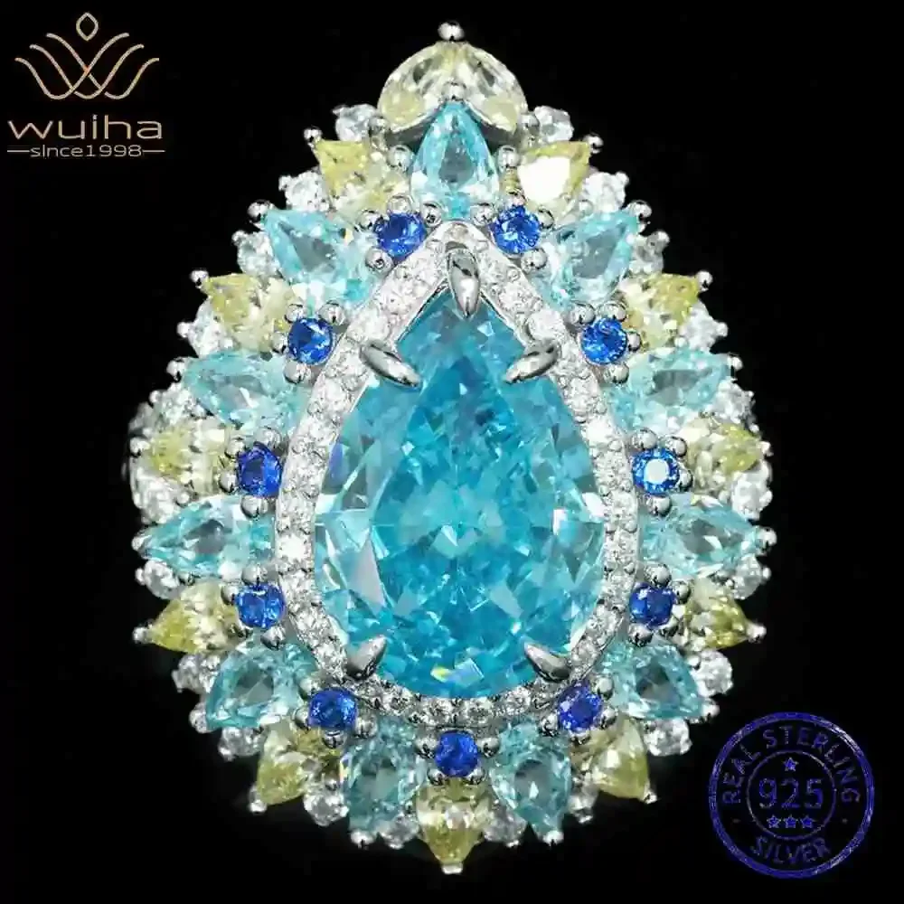 WUIHA 925 Sterling Silver Pear Cut Lab Sapphire Aquamarine High Carbon Diamonds Gemstone Wedding Engagement Rings Fine Jewelry