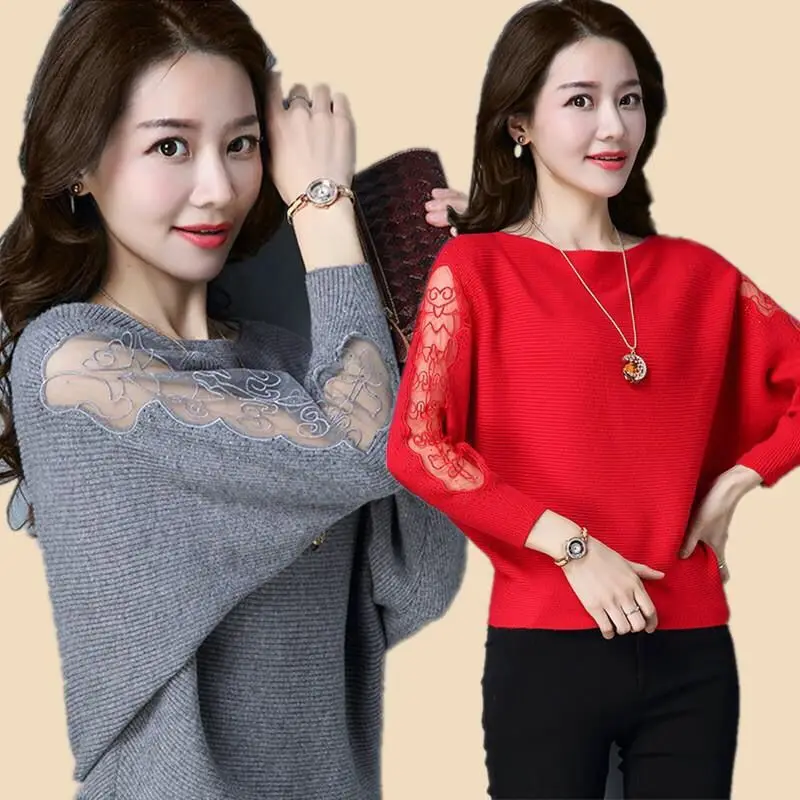 Faionable Knitted Batwing Sve T-irt Women's Lace Sve One-oulder Slimming plus Size Top Spring Autumn New Arrival