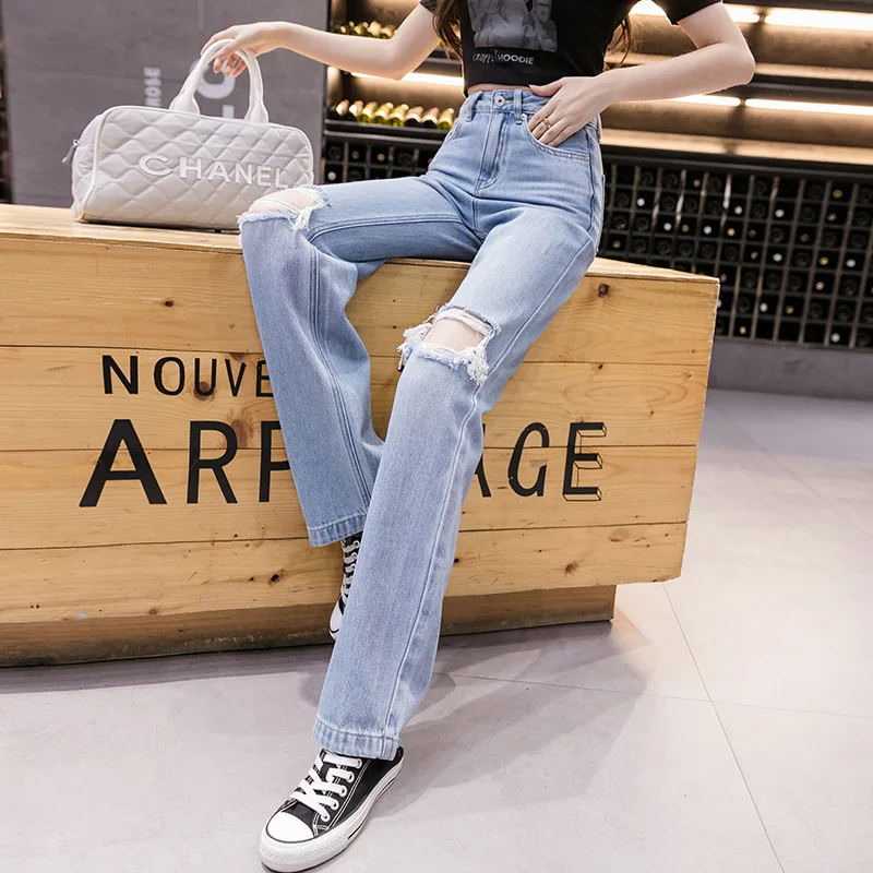 

Dark Blue Female Mid Waist Mom 2024 New Ripped Jeans Women Jeans Y2K Casual Straight Trousers Washed Bleached Hole Denim Pants
