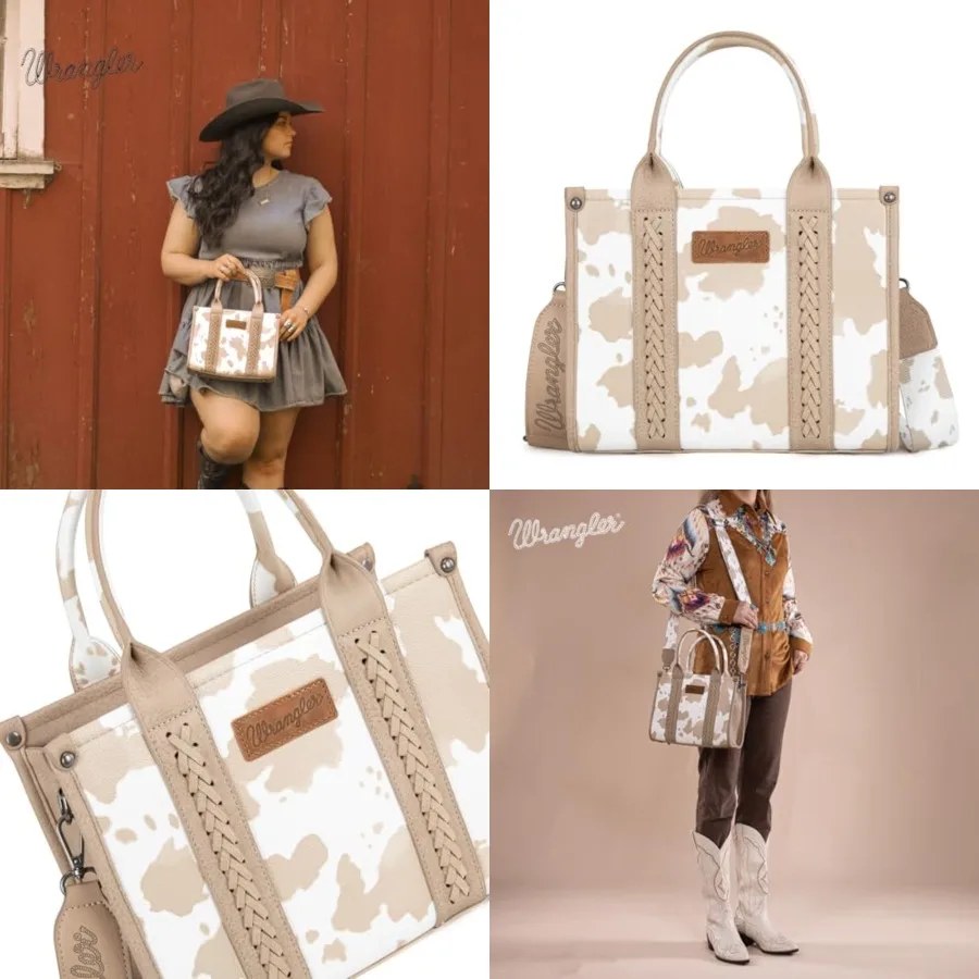 

Wrangler Cow Print Tote Bag for Women Western Purse Boho Top Handle Satchel Handbag with Signature Strap