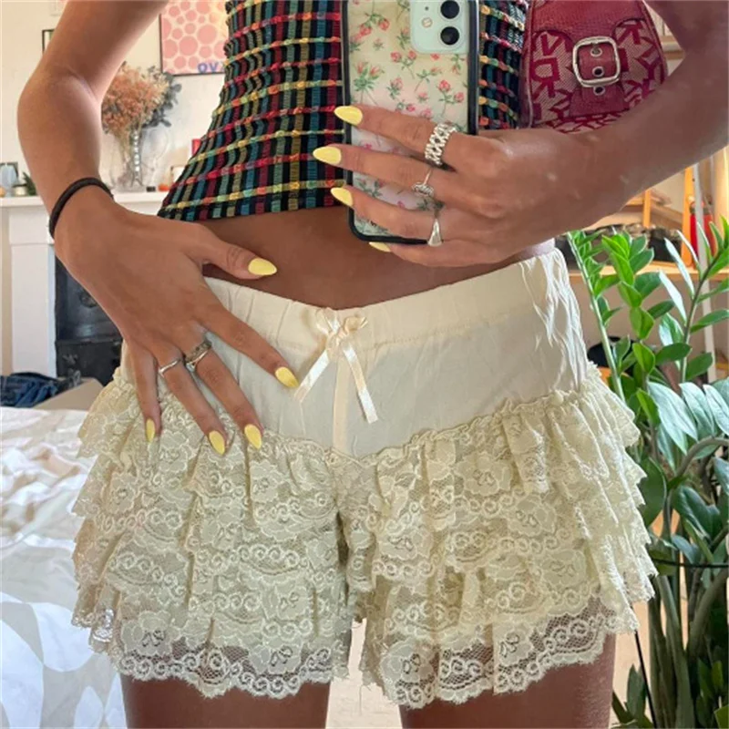 Gaono y2k Cute Bow Lace Thrim Shorts Harajuku Women Chic Pants Streetwear Basic Casual Summer Ruffles Shorts Korean Aesthetic