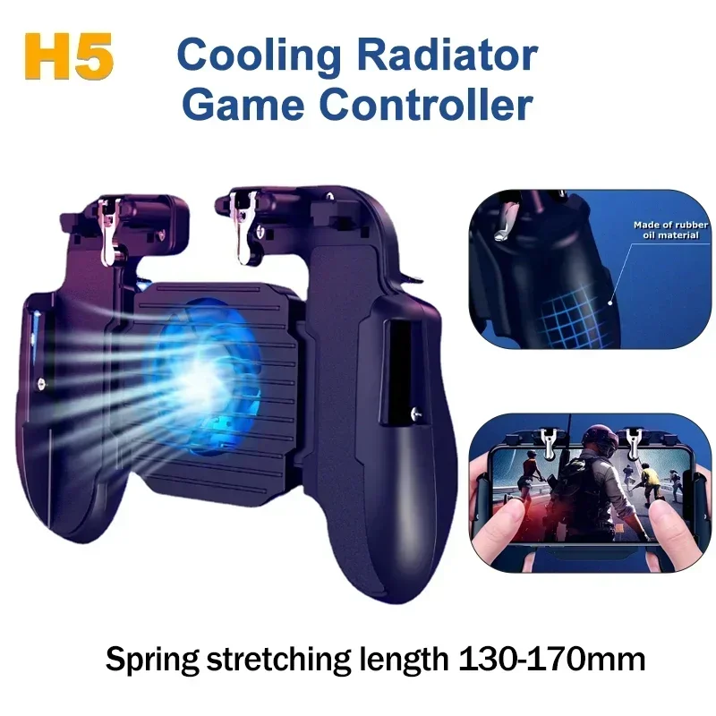 

H5 Mobile Phone 4 Fingers Gamepad Controller with Cooling Fan Radiator L1R1 Trigger Joystick for IOS Android PUBG Game Handle