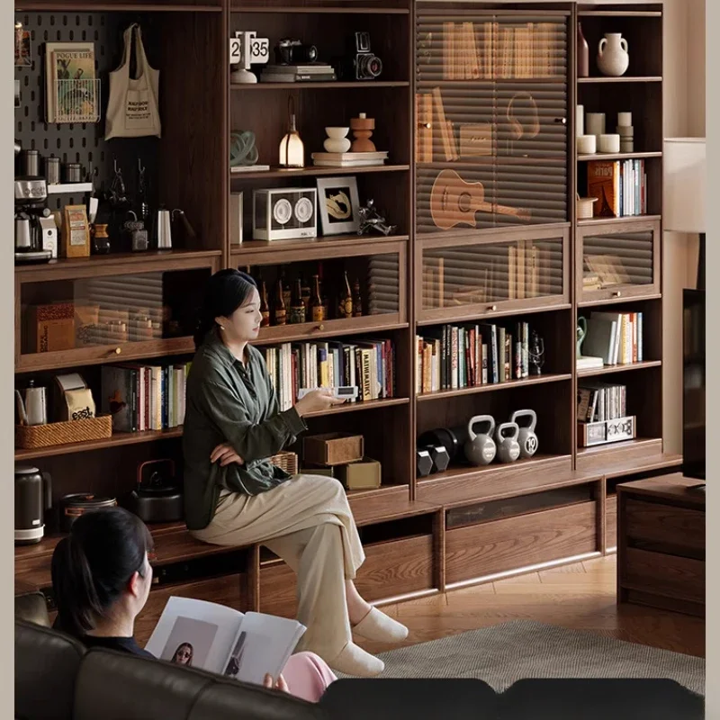integrated solid wood bookcase, whole wall ash wood furniture, living room floor locker