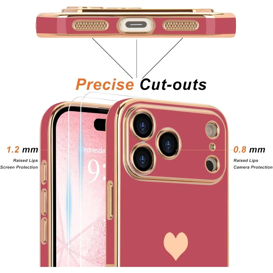 حافظة هاتف ناعمة ذهبية فاخرة على شكل قلب لطيفة مع واقي شاشة مدمج لهاتف iPhone 17 Pro Max [عبوة من قطعتين] - مقاوم للصدمات Ca