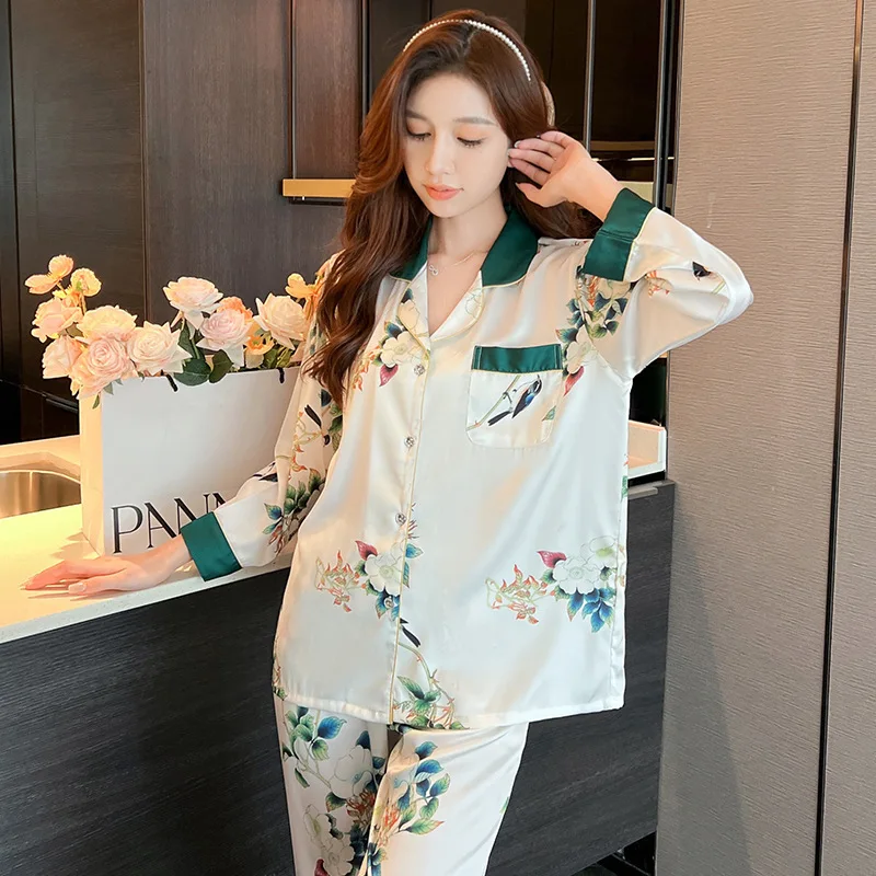 2023 Spring And Autumn New Vintage China-chic Style Pajamas Women's Ice Silk Polo Long Sleeve Cardigan Loose Home Decoration