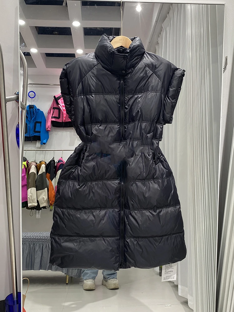 

Autumn Winter Stand Collar Long Down Vest Women White Duck Down Double Zipper Sleeveless Vest Female Knee Length Waistcoat Coat