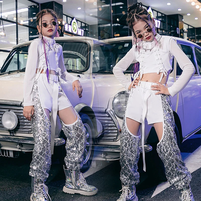 

Hip Hop Clothes Girls Sequins Catwalk Show Costume Festival Clothing White Dancer Outfit Jazz Dancewear Concert Outfits DL9057