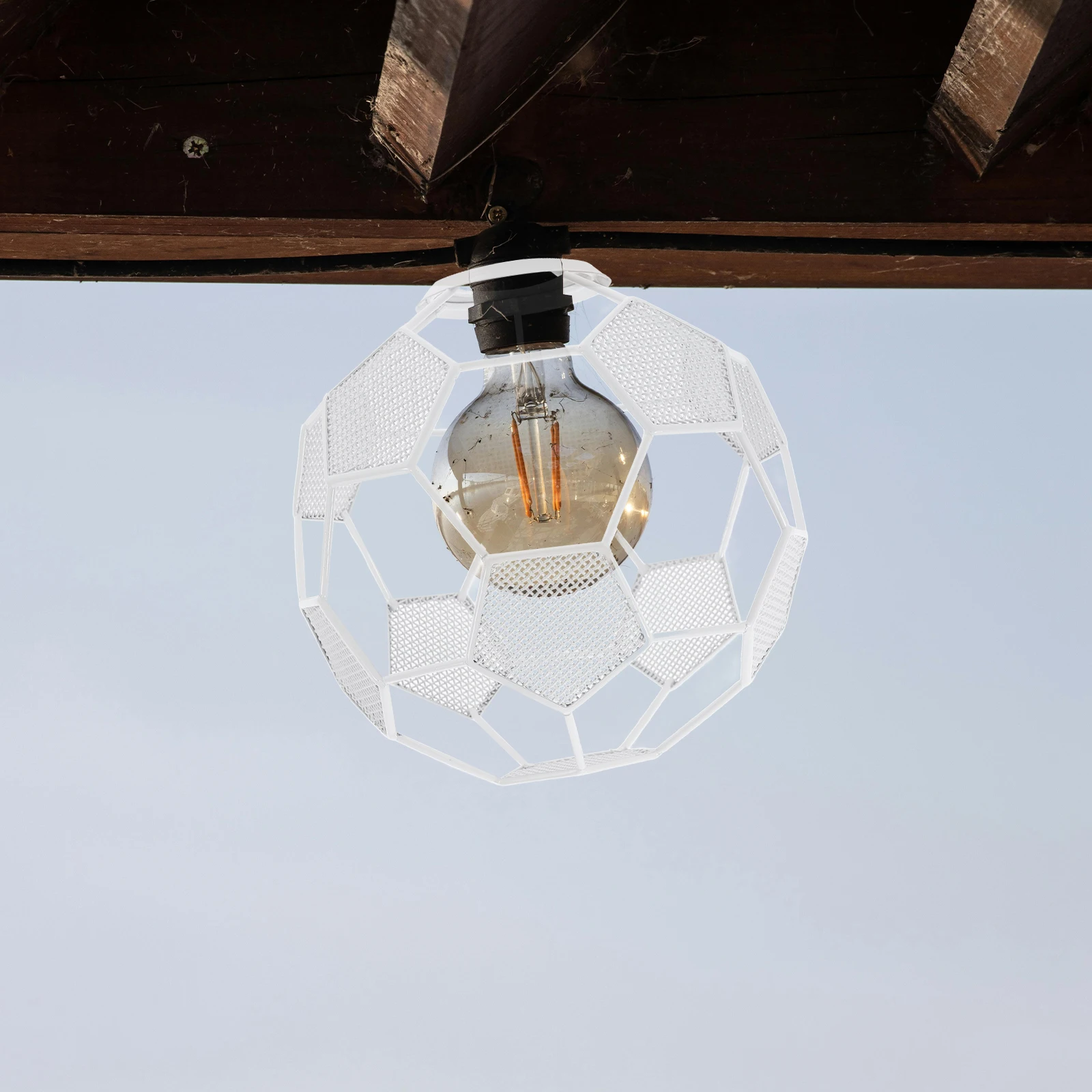 

Metal Cage Soccer Shape Lamp Shade Hollow-Out Vintage Industrial Pendant Light Cover White for Home Living Room