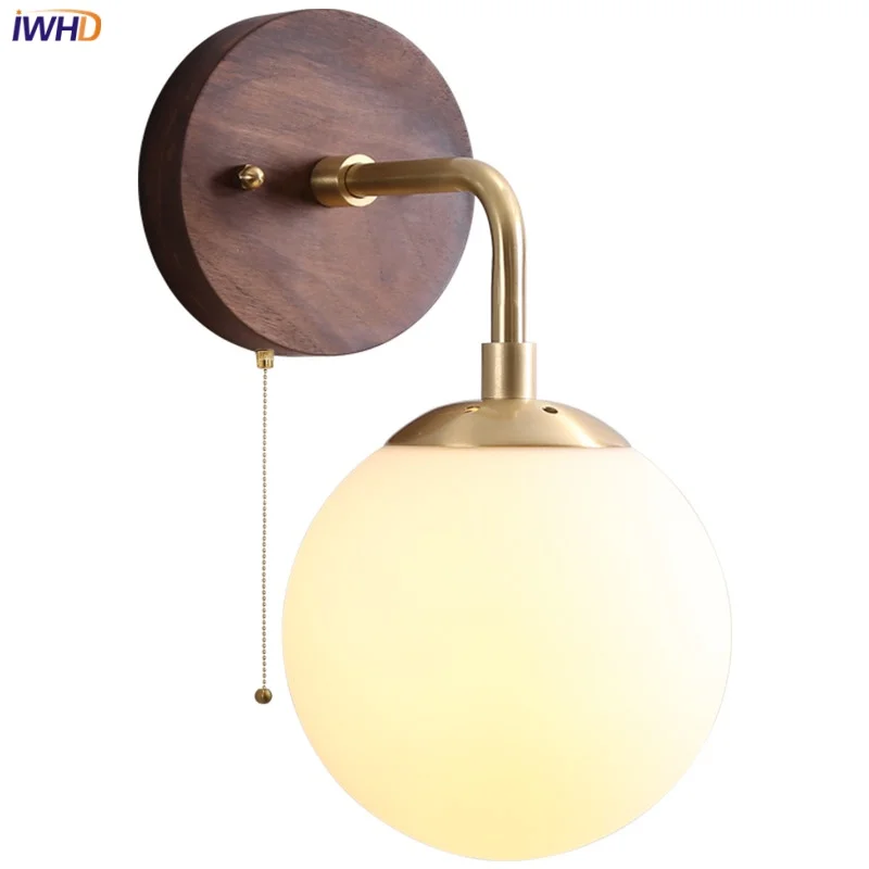 

IWHD Pull Chain Switch Wall Light Fixture Hallway Study Foyer Home Decor Bedside Lamp Walnut Wood Nordic Modern Glass Lamparas