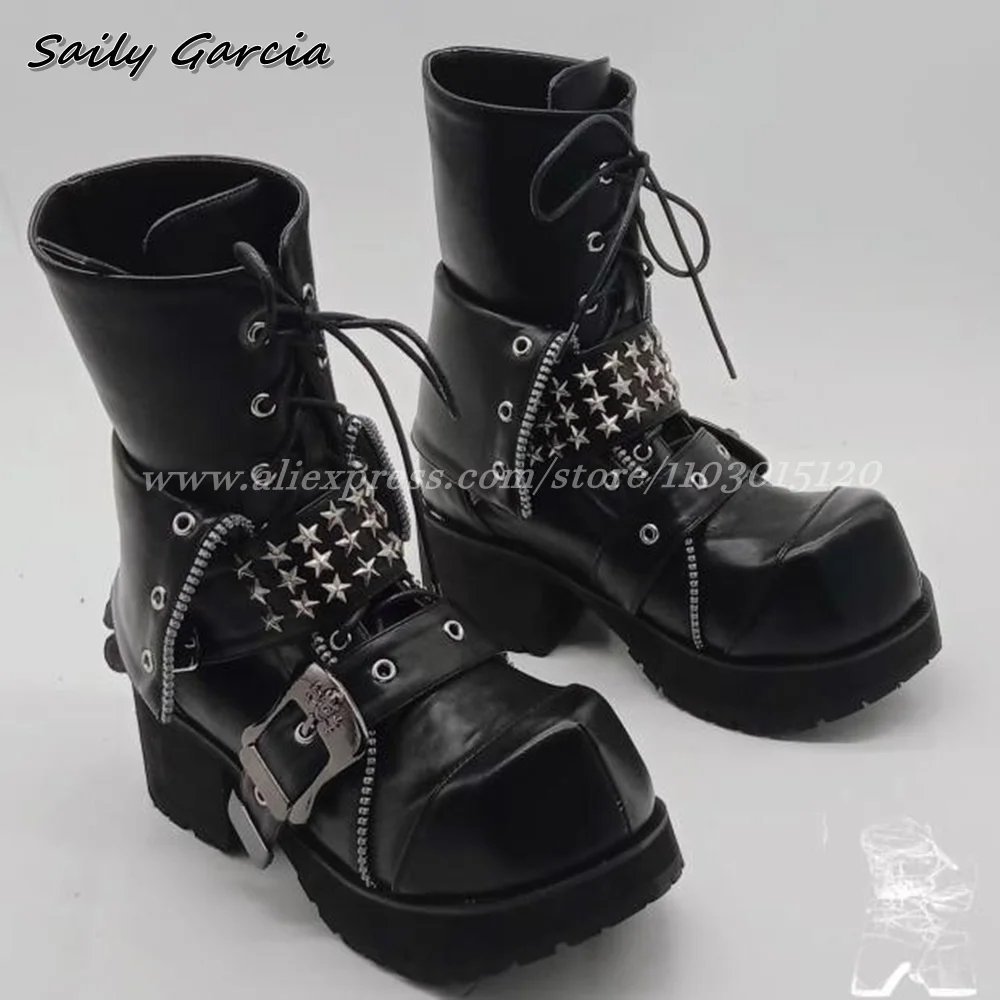 Rock Punk Style Metal Rivet Chunky Heel Motorcycle Boots Black Gothic Style Cool Girl Boots Round Toe Platform Mid Calf Boots