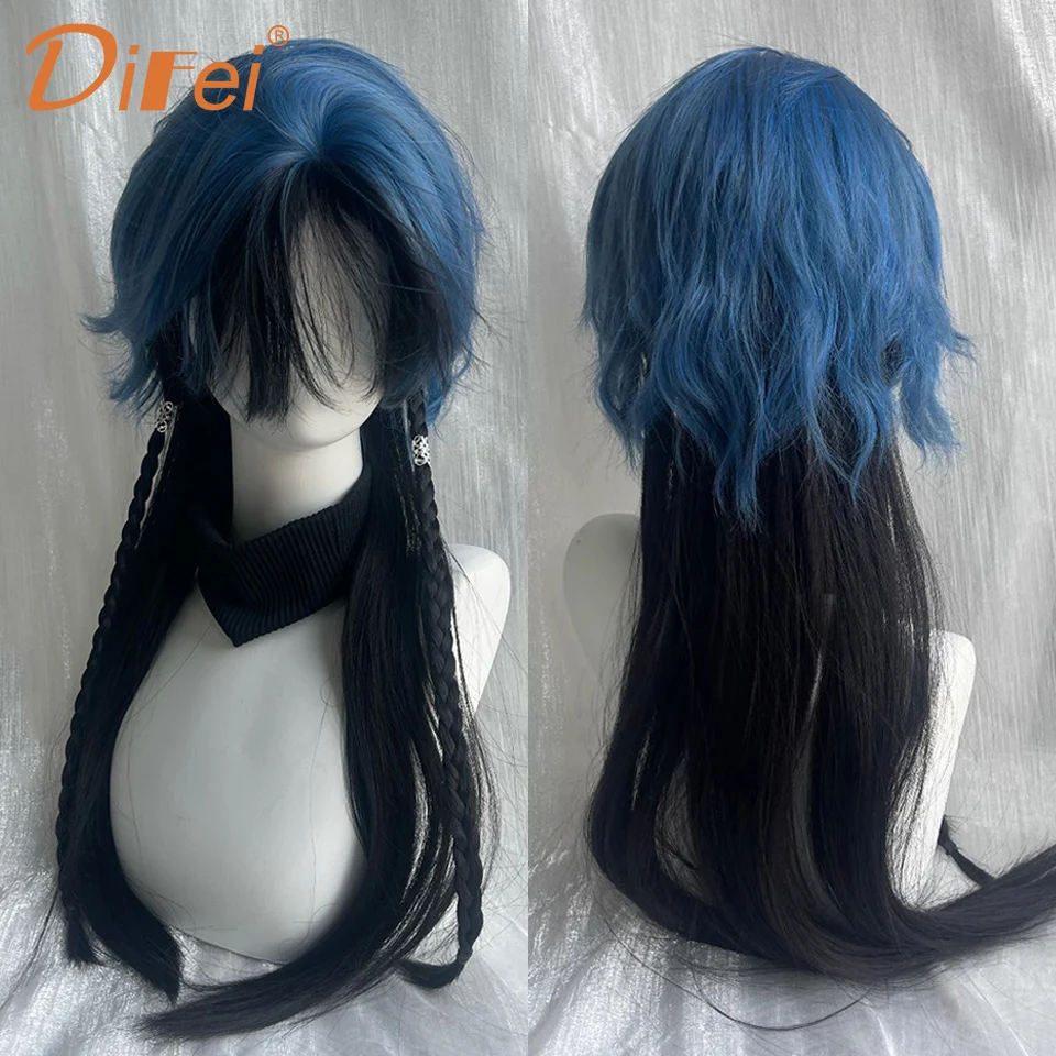 Blue And Black Highlights Long Synthetic Wig Female Jellyfish Mullet Head Lolita Layered Long Straight Hair Daily Sense Cos Wig