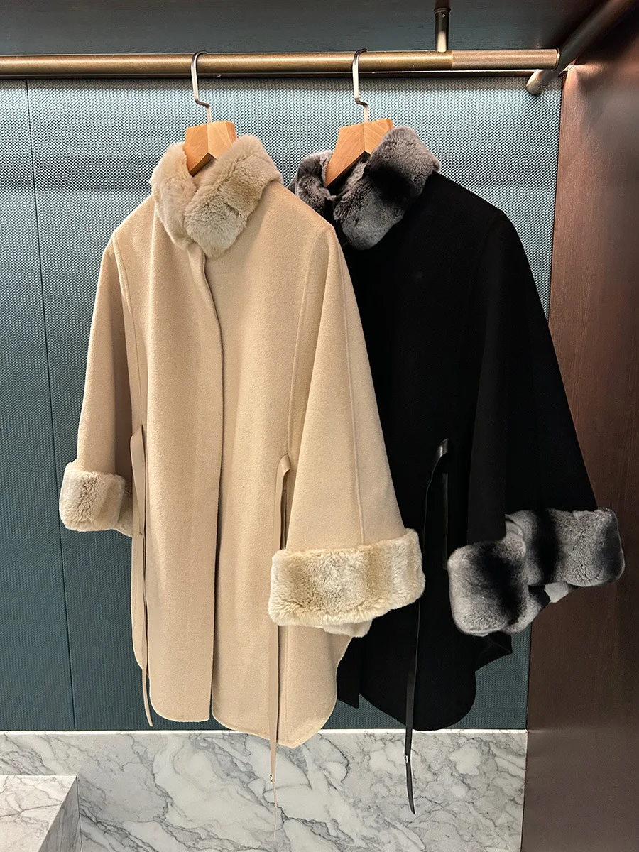 معطف فرو متوسط الطول بياقة وأصفاد من فرو المنك مزدوج الوجه ومزيج من الصوف للنساء #3