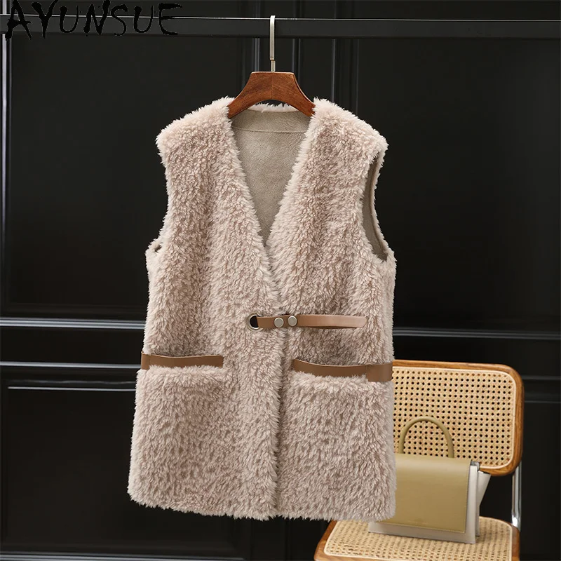 

AYUNSUE 100% Wool Fur Vest Women Sheep Shearling Sleeveless Jacket Woman Autumn Winter Clothes 2025 Пальто Женское Composite Fur