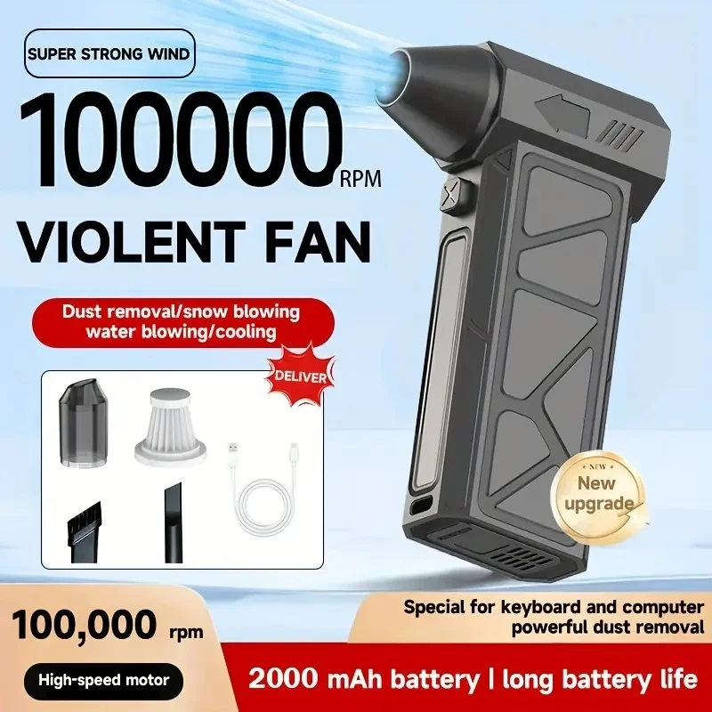 

Многоцелевой мощный ручной вентилятор, высокоскоростной двигатель 100000 об/мин, длительный срок службы батареи 2000 мАч, недавно модернизированный