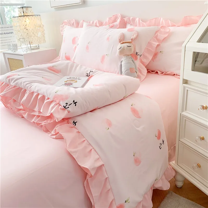 French Romantic Couple Bed Quilt Set Summer Bedspread Pink Comfortable Bedsheet Pillowcase Quilt 4pcs Machine Washable Bedding