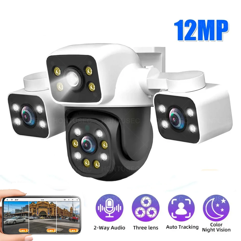 390EYES 12MP 4MP Wifi PTZ Outdoor Triple Lens Three Screens AI Human Detection Auto Tracking Color Night Vision Security Camera