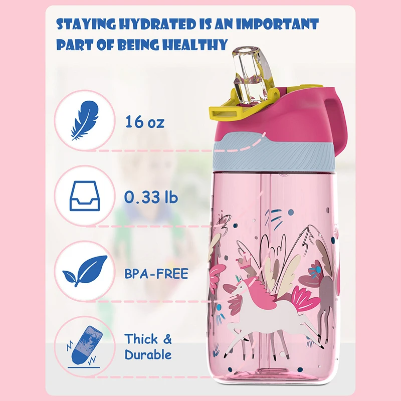 FJbottle Kids Water Bottle With Straw 450ml Drinking Bottle Eco Friendly Tritan One Touch Flip Cap BPA