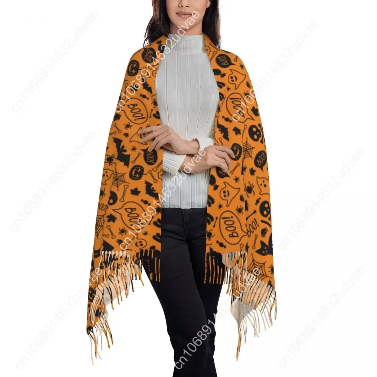 Winter Scarf Women Thin Warm Shawl Wrap Halloween Cat Pumpkins Skulls Bats Element Tassel Lady Blanket Echarpe Bufanda Hijab