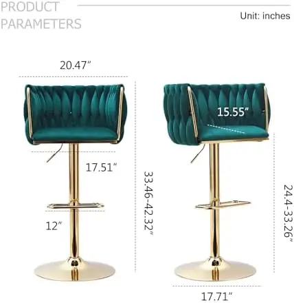 طقم كراسي بار مخملية خضراء مكونة من 4 قطع - كراسي دوارة قابلة للتعديل بأرجل ذهبية