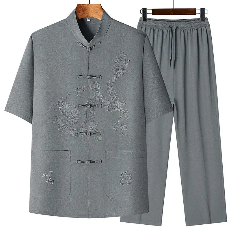 

Summer Male Print Chinese style Print Shirts Trouser 100% Cotton linen Sportswear Men's Casual Sets Shirts + Pants