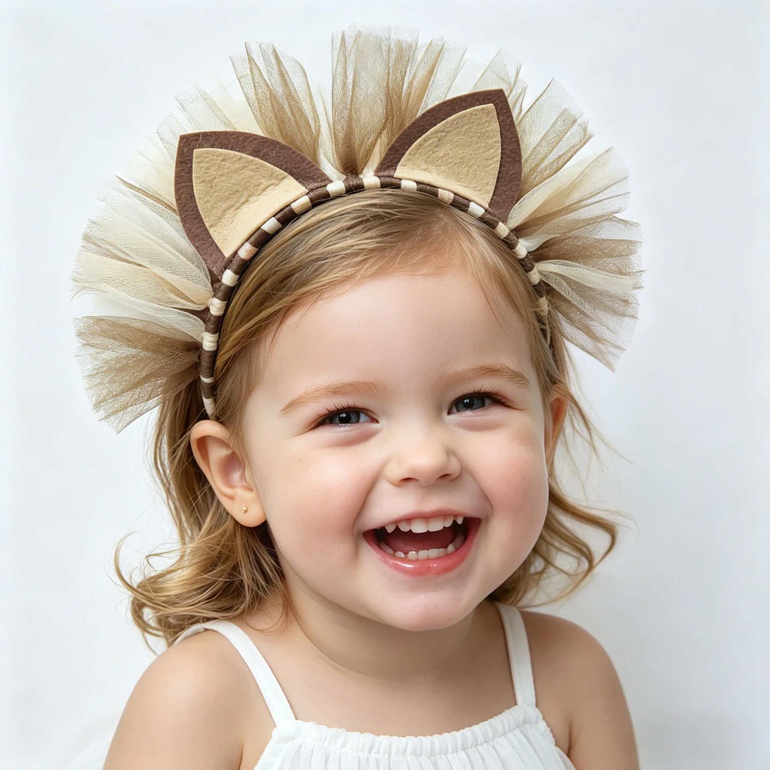 Lion Ears Headband Brown Tulle Mane Jungle Safari Animal Headpiece Halloween Cosplay Costume Accessory Birthday Party Photo Prop