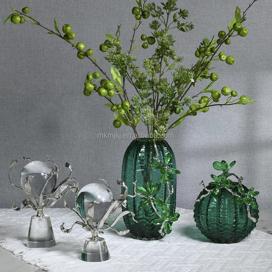 &c Ocean Style Clear Crystal Green Glass Vase Decor Light Luxury Handmade Crystal Ball Ornament for Living Room Table Home Decor