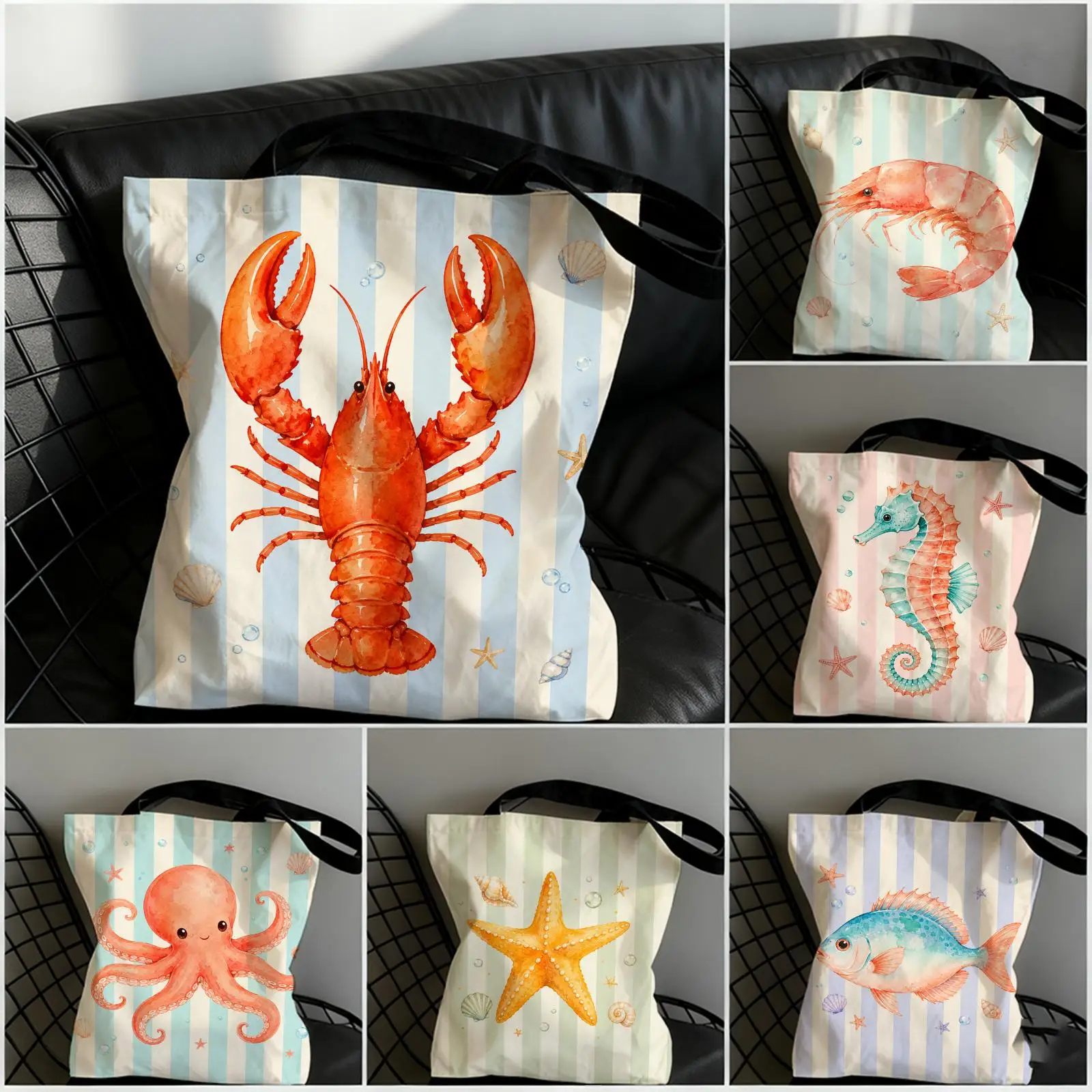 Cute Line Art of Sea Animals Storage Bags Large Capacity Canvas Tote Bag Double-Sided Print Shoulder Handbag for Daily Shopping