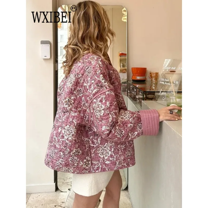 Women Fashion Loose Floral Printed Cotton Jacket Elegant Stand Collar Long Sleeve Single Breasted Coat 2024 Lady Chic Streetwear