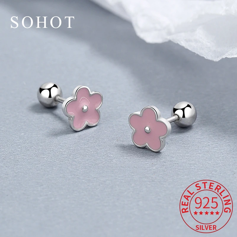 

Real 925 Sterling Silver Colorful Cute Flower Piercing Screw Bead Mini Stud Earrings for Women Trendy Fine Jewelry Accessories