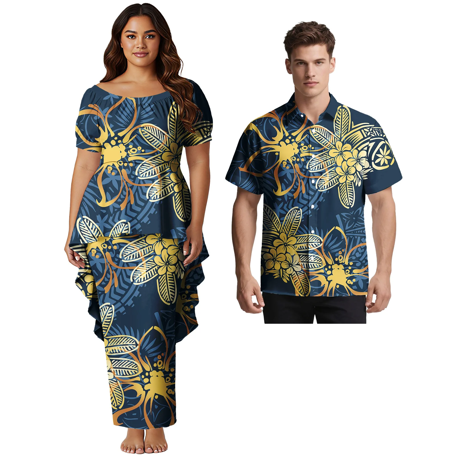 

Роскошный дизайн, одежда на заказ, мужская рубашка с отложным воротником Aloha, полинезийское женское платье с ласточкиным хвостом, комплект самоанской племенной пары