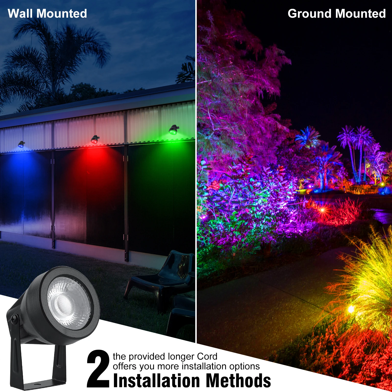 Outdoor COB LED Spotlight, Decoração de paisagem de jardim, RGB Light, 110V, 220V, IP65 impermeável, RGB Street Lamp for Tree Pathway