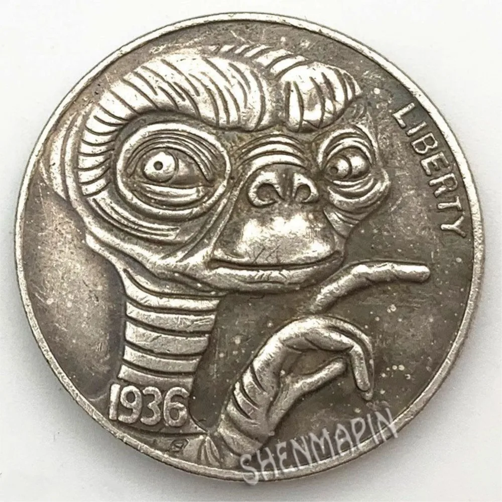 1936 Planet Alien Brass Extraterrestrial Being ET Commemorative Coins American Bull 5 Cent Coin Collected Space Man E.T. Silver