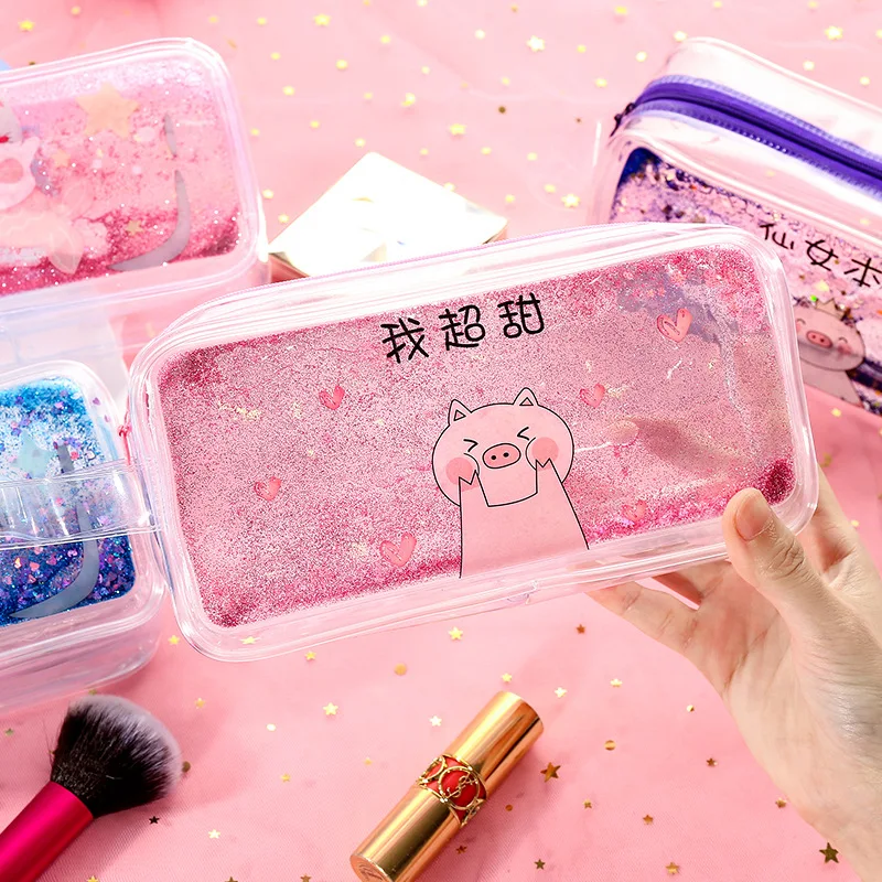 

Cartoon Quicksand into the Oil Pen Bag, Girl's Heart, Bulk Storage Bag, Transparent, Cute Cosmetic Bag, Stationery Bag