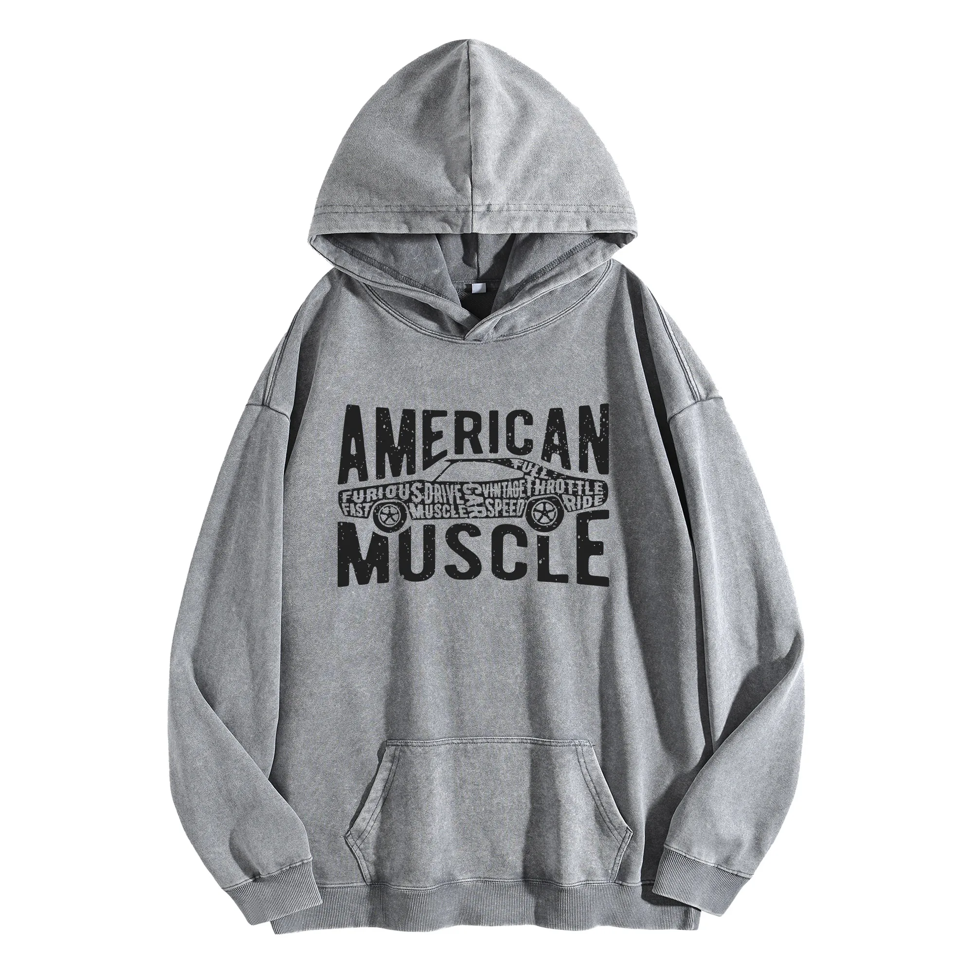 AMERICAN MUSCLE Vintage Washed 400G Graphic Hoodie Unisex Oversized Streetwear Pullover Fall/Winter