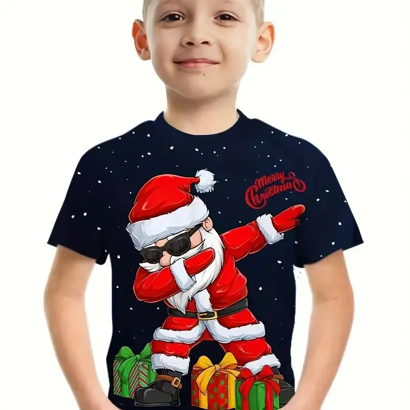 

Christmas Dance Santa print T-shirt, suitable for kids boys, summer spring autumn casual short sleeve T-shirt, as a gift top