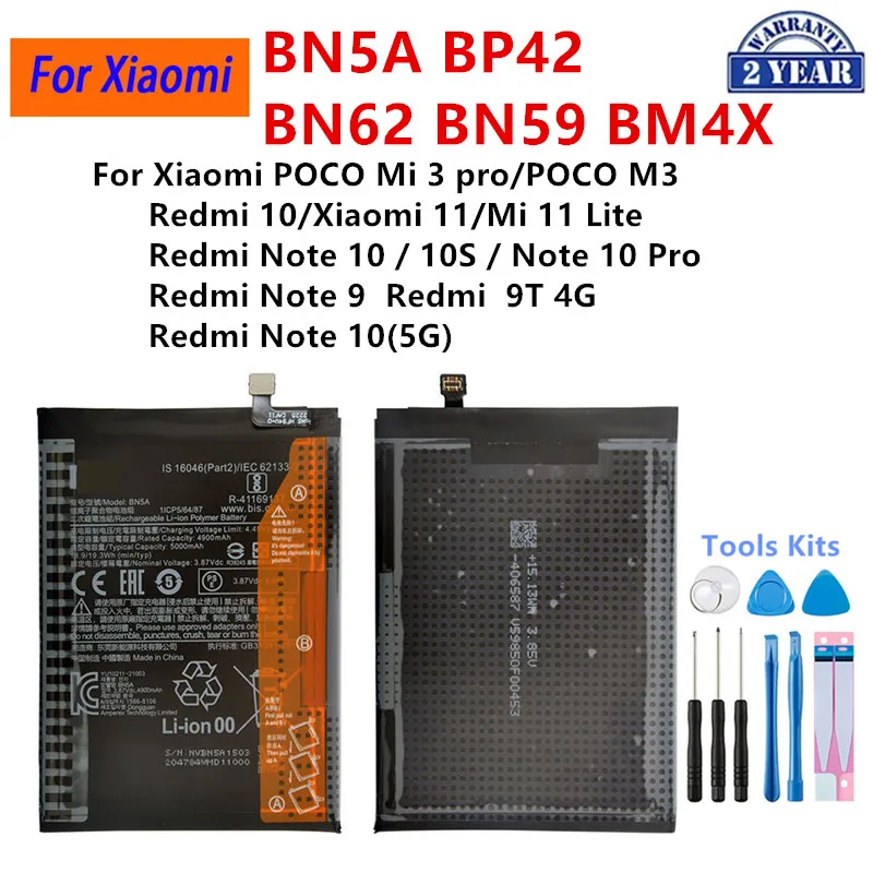 BP42 BN62 BM4X BN59 BN5A Battery For Xiaomi POCO Mi 3 pro Xiaomi 10/Mi 11 Lite 10S / Note 9 10 9T 4G Pro  Note 10 10S Batteries.